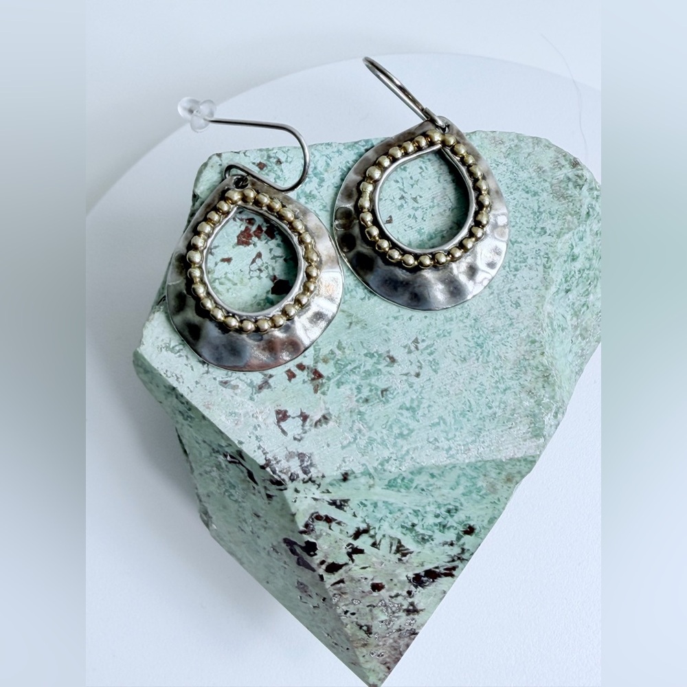 Vintage Rare Grace & Heart Hammered Sterling Silver, Brass Riveted Wire Earrings